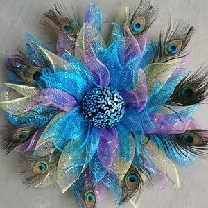 Peacock Feather Wreath Home Decor Wall Hanging Ornament With Natural Feathers Blue Purple Mesh Sequin Ball Handmade Wreath For Party Bedroom