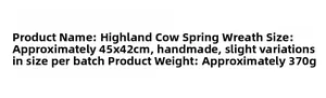 Detailed product specifications for 45x42cm handmade highland cow spring floral wreath