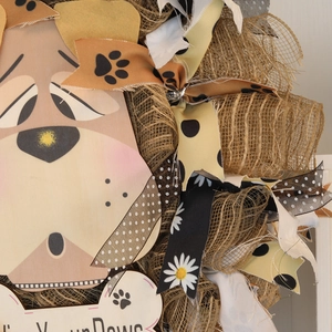 Rustic floral dog wreath featuring painted wood puppy and Wipe Your Paws bone sign