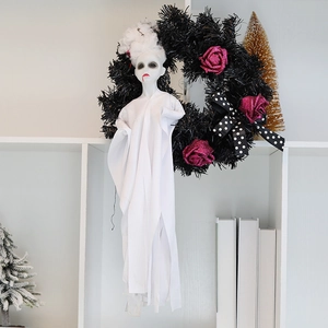 Halloween Spooky White Ghost Wreath Pink Glitter Roses Polka Dot Bow Gothic Haunted House Door Hanging Party Decoration