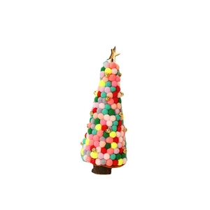 Handmade colorful wool felt pom-pom Christmas tree with wooden base and gold star decoration