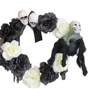 Halloween skull wreath with black and white roses and grim reaper doll decoration