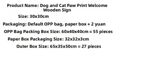 Detailed dimensions showing 30x30cm wood welcome sign with dog and cat paw prints