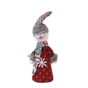 19cm plush Christmas snowman ornament wearing a knit sweater and grey checkered scarf