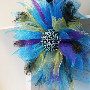 Peacock theme wreath with blue mesh petals and natural feathers for home door decor