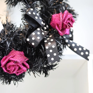 Halloween black tinsel wreath with glitter pink roses and white polka dot bow tie