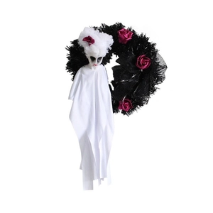 Halloween wreath featuring a white ghost with pink roses on a black decorative base