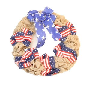 37cm Patriotic Independence Day Burlap Wreath with US Flag Bows for Door Decoration
