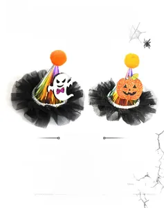Detail of Halloween LED glowing hair clips with ghost and pumpkin tulle hat designs