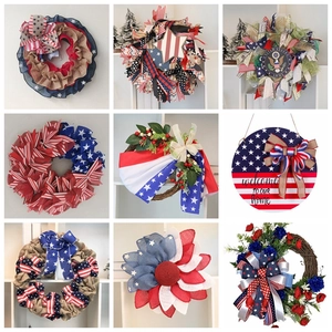 Patriotic US Independence Day Wreath Stars And Stripes Door Hanging American Flag Burlap Bow Welcome Home Wall Sign Decor