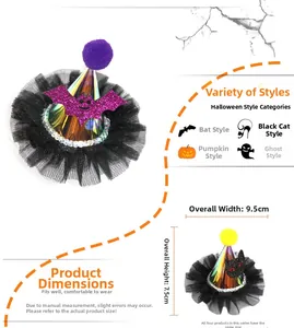 Detail view of 9.5cm Halloween glitter hat hair clips with lace and sequins