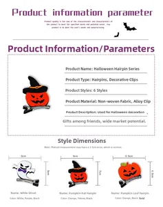 Detailed size parameters for Halloween pumpkin and ghost felt hair clips with alloy clips