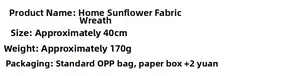 Specifications of 40cm fabric sunflower wreath showing 170g weight and packaging details