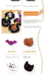 Macro shot of Halloween LED hair clips featuring felt pumpkin and bat motifs with lace