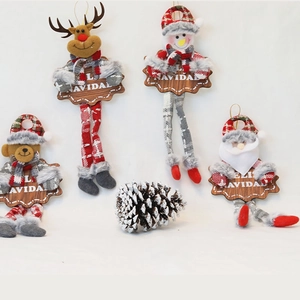 Christmas Santa Claus Snowman Reindeer Plush Hanging Decoration With Wood Plaid Pattern Knitted Long Legs For Xmas Tree Door Home Decor