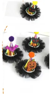 Close-up of Halloween hair clips with sequin pumpkin, black cat and bat details on mesh