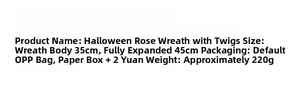 Detailed size chart for the Halloween rose wreath showing 35cm to 45cm diameter specs