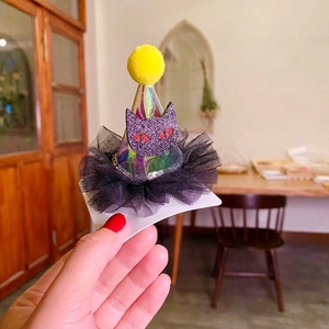 Halloween glitter party hat hair clip with purple cat face and black mesh detail
