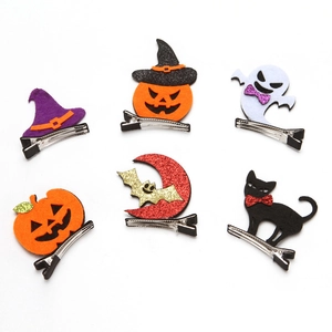 6-pack Halloween hair clips with felt pumpkin, ghost, wizard hat and black cat designs