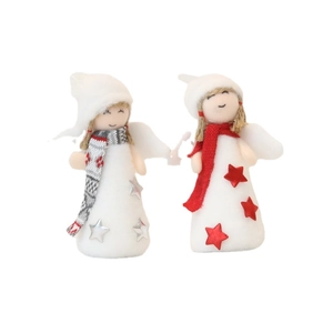 Pair of Christmas angel plush dolls with silver and red star details on white background