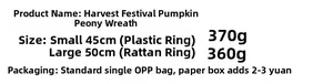 Specifications of the Harvest Pumpkin Peony Wreath in 45cm plastic and 50cm vine base sizes