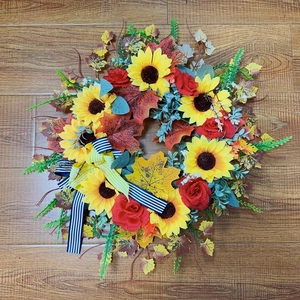 French Country Sunflower Rose Artificial Wreath Maple Leaf With Bow For Front Door Home Wall Decor Autumn Decoration