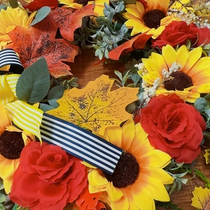 French country 45cm artificial sunflower wreath with autumn maple leaves and roses