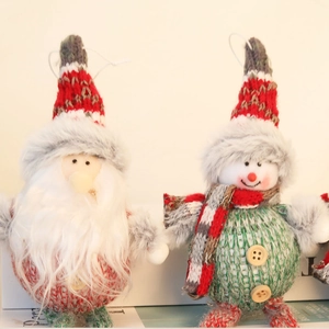 Knitted Christmas Santa and Snowman hanging ornaments with wooden buttons and faux fur