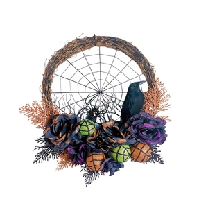 Couronne d'Halloween avec roses noires, corbeau et ornements pailletés sur rotin