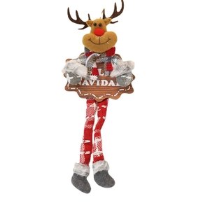 Plush Christmas Reindeer hanging decoration with long legs and Feliz Navidad sign