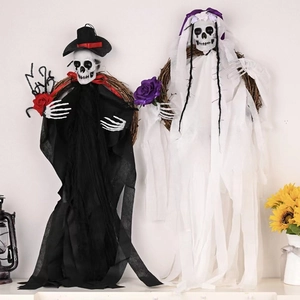 Halloween skeleton bride and groom wreath with rattan ring for Gothic party wall decor
