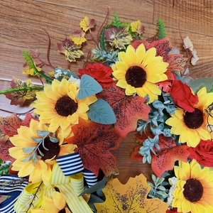 45cm French sunflower and maple leaf autumn wreath with striped ribbons on wood