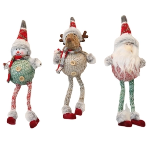 Three-piece set of knitted Christmas dolls featuring Santa, reindeer, and a snowman figure