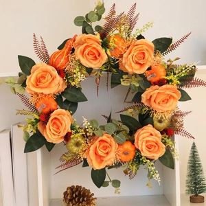 Autumn Harvest Pumpkin Peony Wreath For Front Door Farmhouse Plastic Artificial Flowers Wreath For Thanksgiving Home Decor