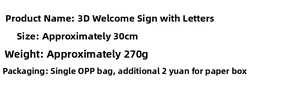 Detailed specifications of the 3D wooden welcome sign measuring 30cm and weighing 270g
