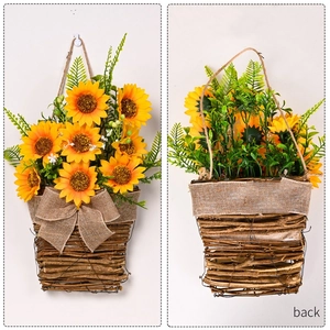 Artificial sunflower hanging basket wall decor with grapevine base and burlap bow