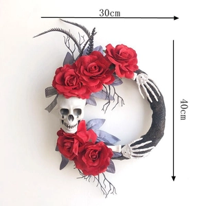 Halloween Skull Rose Wreath Gothic Skeleton Hand Black Dead Branches Artificial Flower Door Wall Hanging Party Decor Haunted House Props