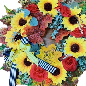 45cm French sunflower and maple leaf artificial wreath with decorative ribbons
