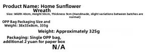 Detailed specifications showing dimensions and weight for the sunflower wreath home decor