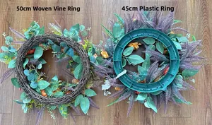 Detailed comparison of 50cm rattan and 45cm plastic base autumn pumpkin wreaths