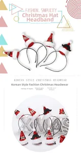 Detail of sequined red Christmas hat headbands with plush trim and festive lettering