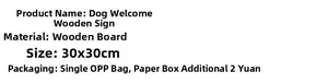 Detailed specifications for a 30cm wooden dog welcome sign with eucalyptus leaves