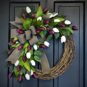 Artificial Tulip Flower Wreath Hand-woven Rattan Ring Door Hanging Decor For Home Garden Wall Decoration Floral Ornament With Bowknot