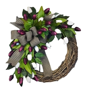Handmade spring tulip wreath with purple flowers and black-white checkered bow for door