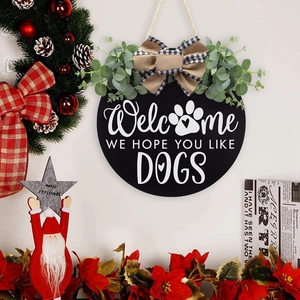 Round Plastic Welcome Sign We Hope You Like Dogs Door Hanger With Artificial Eucalyptus Leaves And Bow For Farmhouse Home Wall Decor