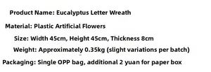 Detailed specifications for eucalyptus artificial wreath with letter sign in size 45x45x8cm