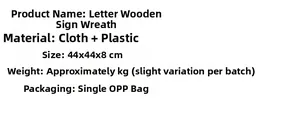 Detailed specifications for eucalyptus wreath with wooden letter sign 44x44x8cm