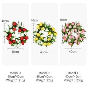 Detailed comparison of three colorful artificial tulip wreaths with size and weight info