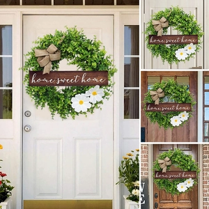 Eucalyptus leaf wreath with home sweet home wood sign and burlap bow decoration