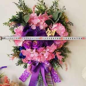 Handmade mixed floral wreath with pink hydrangea, purple roses and ribbon decor, 40cm size